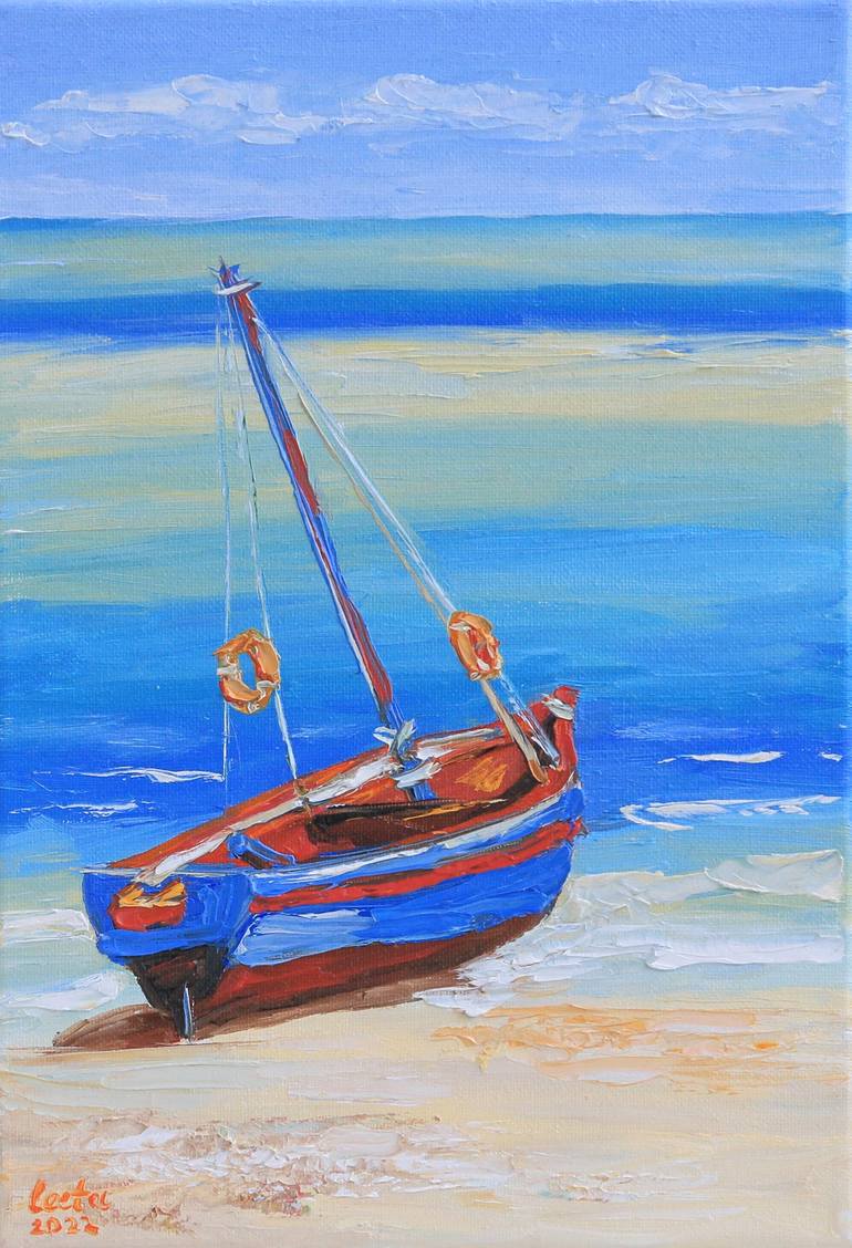 Blue boat. Painting by Tetiana Bondar Saatchi Art