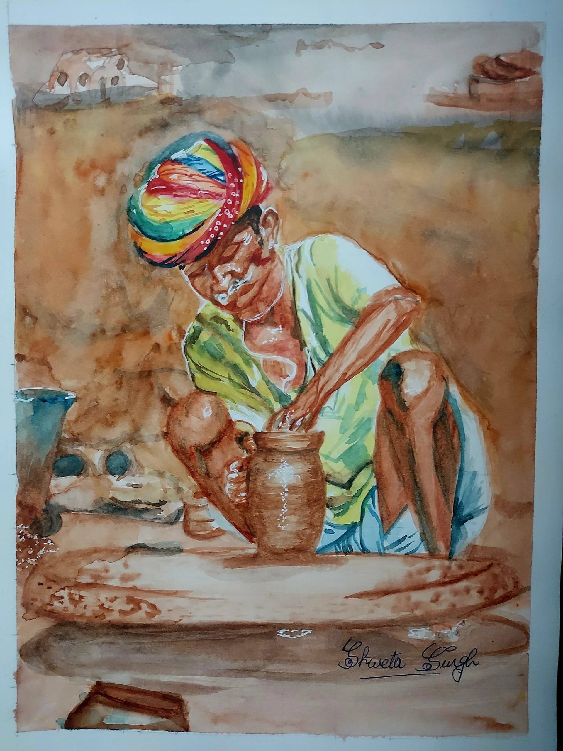 Dedicated potter Painting by Shweta Singh | Saatchi Art