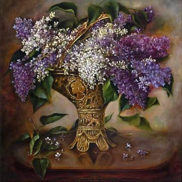 A bouquet of lilacs in a bronze vase thumb