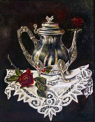 SILVER COFFEE POT WITH ROSES ON A LACE DOILY thumb