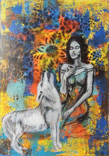 Girl and Wolf. Original Acrylic Painting on Canvas thumb