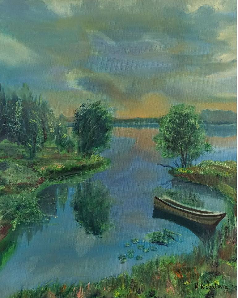 Original Boat Painting by Natalia Kichatova | Contemporary Art on Canvas | Boat on the Lake