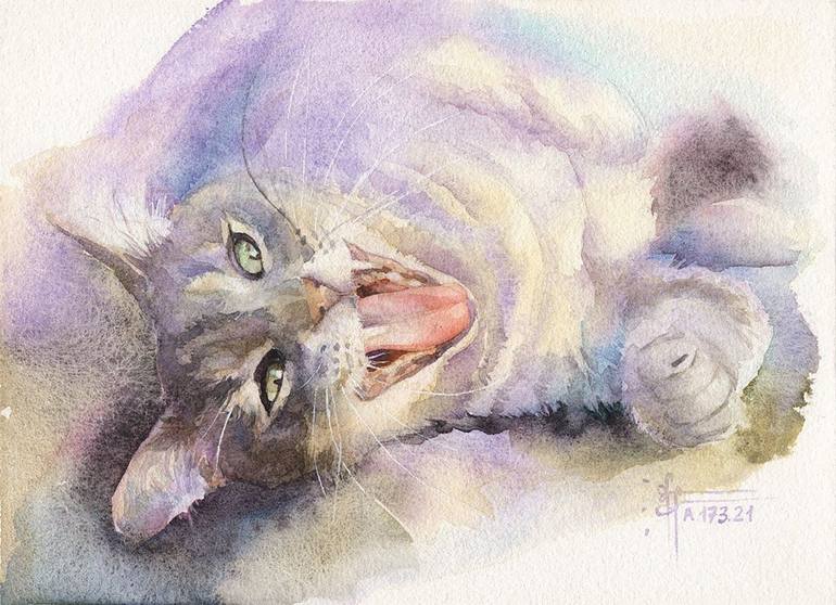 Yawning Cat - Original Cat Portrait Watercolor Painting Painting by ...