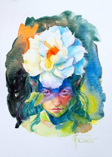 "Rosehip" - Original Watercolor Fantasy Fairy Floral Painting Art thumb