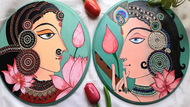 Set of 2 Wooden Wallplates: Sri Radhika and Madan-Mohan - Print