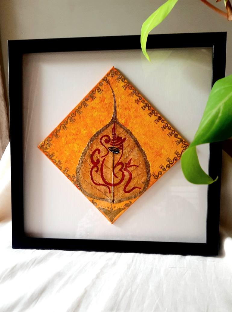 Framed Abstract Ganesh Painting on Peepal Leaf Painting by ...