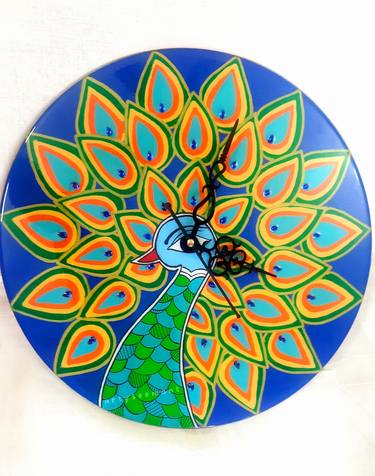 Handmade Wall-clock : Resin-mounted Madhubani Peacock Wall-clock thumb