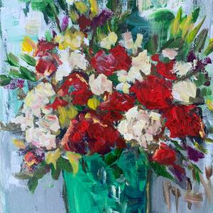 Teal Vase with Flowers