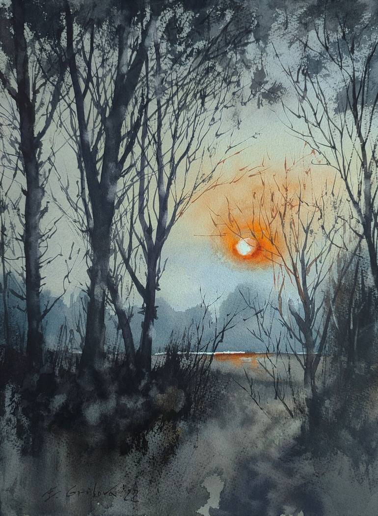 Sunset through trees / 117 Painting by Elzbieta Gribova | Saatchi Art