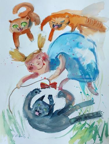 Print of Fine Art Cats Paintings by Elzbieta Gribova