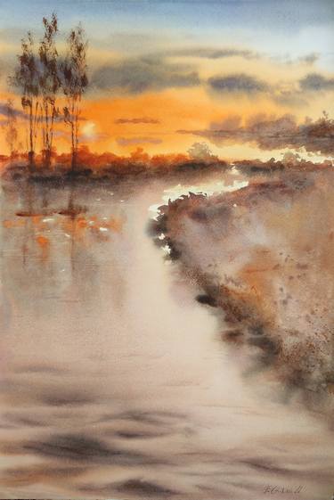 Sunset river watercolor /162/ thumb