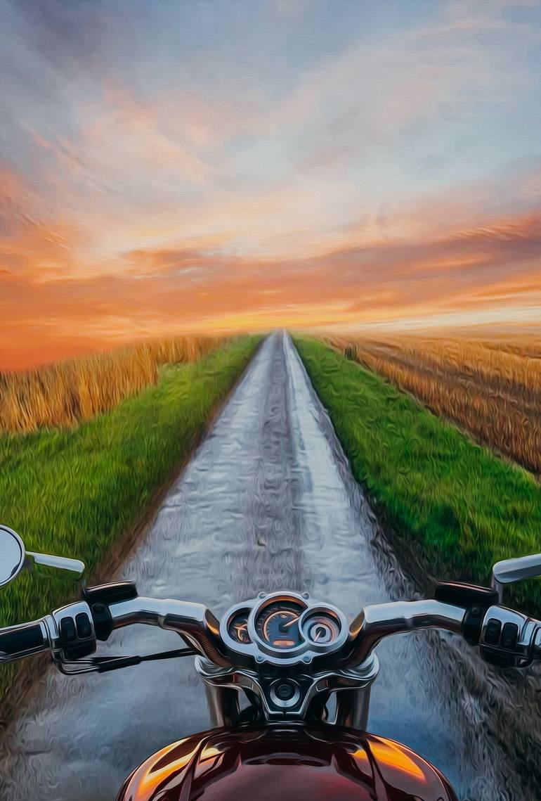 couple on motorcycle sunset