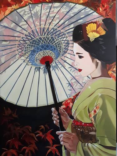 Geisha with parasol. Oil Painting Original thumb