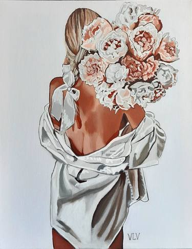 Half-naked girl with flowers, Original Acrylic painting on canvas thumb