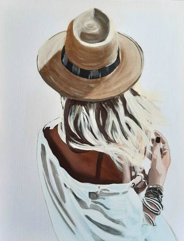 Straw hat girl, Original Acrylic painting on canvas thumb
