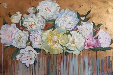 White Peonies, gold leaf  Painting thumb