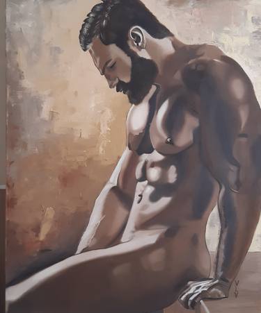 Naked Man sitting oil painting on canvas original artwork thumb
