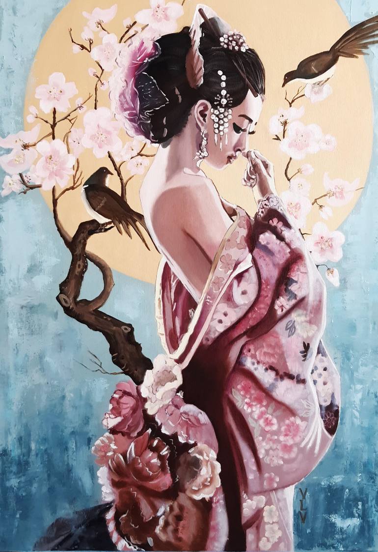 Asian Geisha deals women on painted canvas