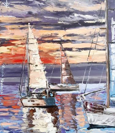 Sailboats At Sunset Oil Painting On Hardboard Original Artwork thumb