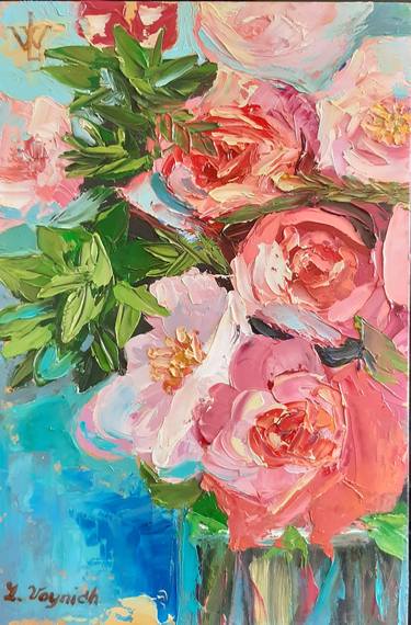 Pink roses oil painting on hardboard original artwork thumb