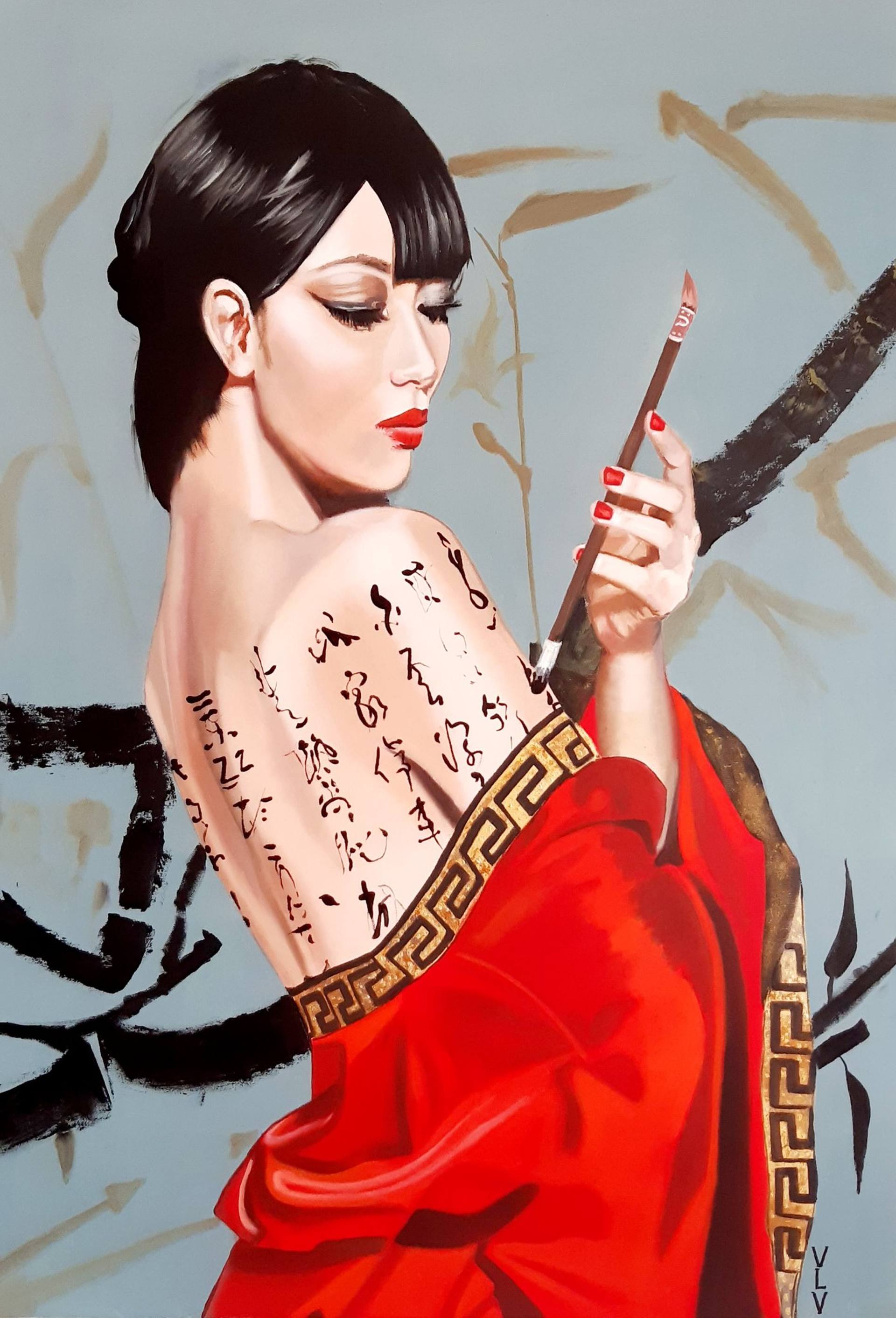 油彩画　「Ｓ．Cｈａｇｎｉｏｌ」作 マスクを持った少女　フランスの画家 9925513-GKSPRUZD-8.jpg