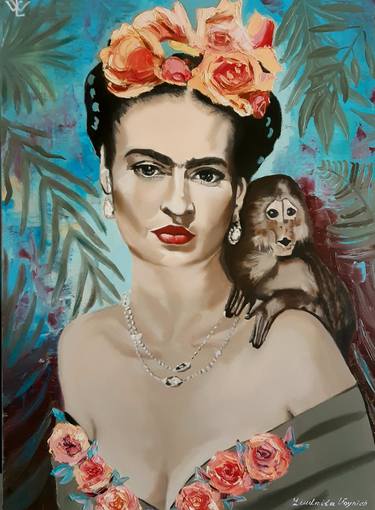 Frida Kahlo With Monkey Original Oil Painting On Canvas thumb