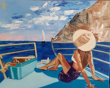 Girl on yacht Painting. Original oil painting. thumb