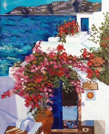 House By Sea Mediterranean. Original Texture Painting thumb