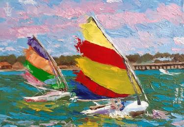 Sailboats at sunset , Oil Painting original thumb