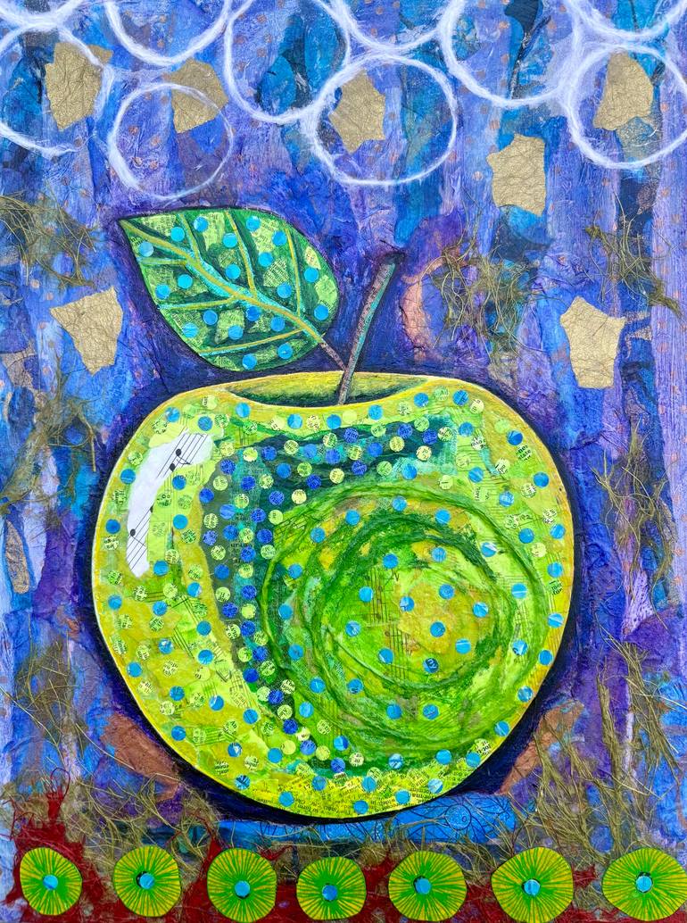 Original Food & Drink Mixed Media by Teal Buehler | Art Nouveau Art on Wood | Green Apple