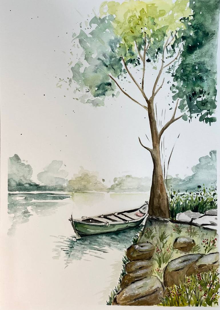 Original Nature Painting by Helha K | Impressionism Art on Paper | The lake refuge