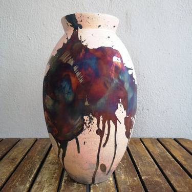 Large Oval 13.5 inches Raku Fired Ceramic Pottery Vase S/N0000556 thumb