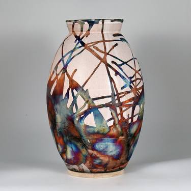Large Oval XL 14 inch Raku Fired Ceramic Pottery Vase S/N0000658 thumb
