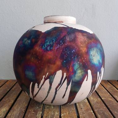 Large Globe XL 13 inch Raku Fired Ceramic Pottery Vase S/N0000652 thumb