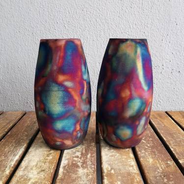 Tsuri 2 Pack Raku Fired Ceramic Pottery Vase - Full Copper Matte thumb