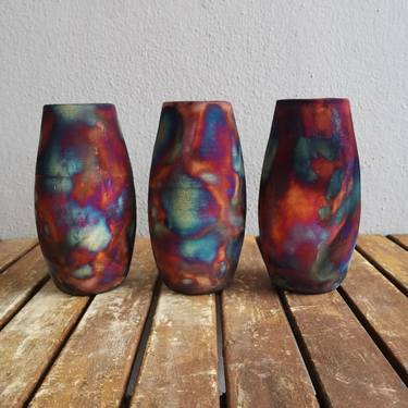 Tsuri 3 Pack Raku Fired Ceramic Pottery Vase - Full Copper Matte thumb