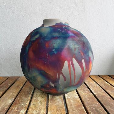 Large Globe 11 inches Raku Fired Ceramic Pottery Vase S/N0000585 thumb