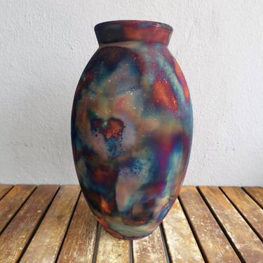 Large Oval 13.5 inches Raku Fired Ceramic Pottery Vase S/N0000601 thumb