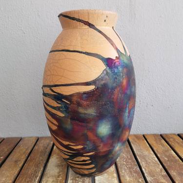 Large Oval 13.5 inches Raku Fired Ceramic Pottery Vase S/N0000490 thumb