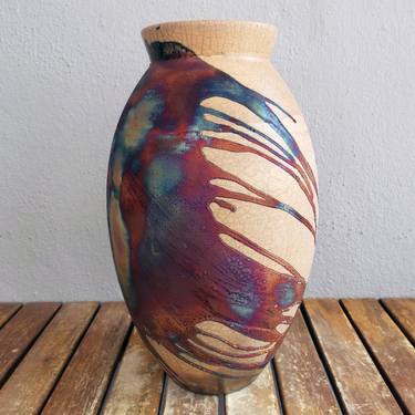 Large Oval 13.5 inches Raku Fired Ceramic Pottery Vase S/N0000487 thumb