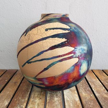Large Globe 11 inches Raku Fired Ceramic Pottery Vase S/N0000417 thumb
