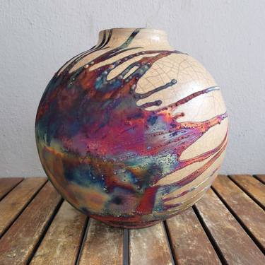 Large Globe 11 inches Raku Fired Ceramic Pottery Vase S/N0000413 thumb