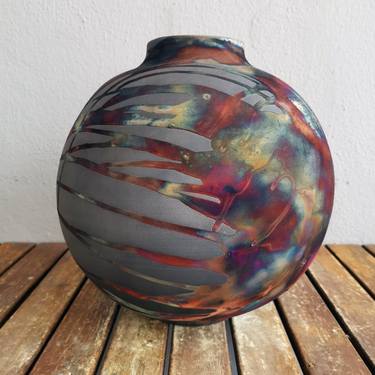 Large Globe 11 inches Raku Fired Ceramic Pottery Vase S/N0000565 thumb