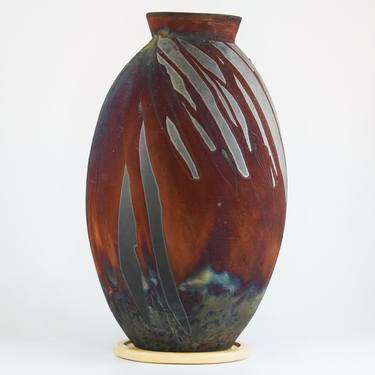 Pre-Order Large Oval 13.5" Raku Ceramic Vase - Carbon Copper thumb