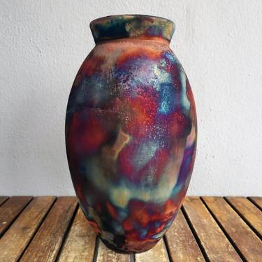 Large Oval 13.5 inches Raku Fired Ceramic Pottery Vase S/N0000543 thumb