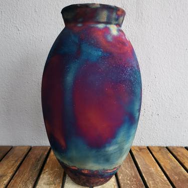 Large Oval 13.5 inches Raku Fired Ceramic Pottery Vase S/N0000370 thumb