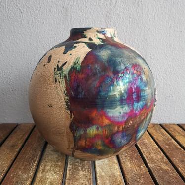 Large Globe 11 inches Raku Fired Ceramic Pottery Vase S/N0000648 thumb