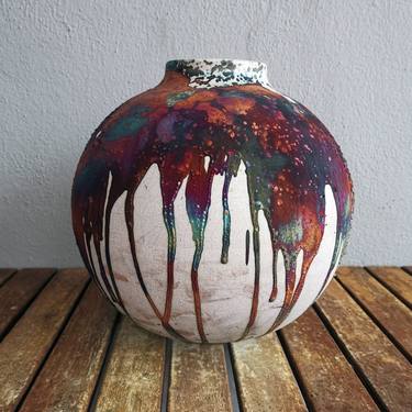 Large Globe 11 inches Raku Fired Ceramic Pottery Vase S/N0000566 thumb
