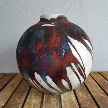 Large Globe 11 inches Raku Fired Ceramic Pottery Vase S/N0000477 thumb