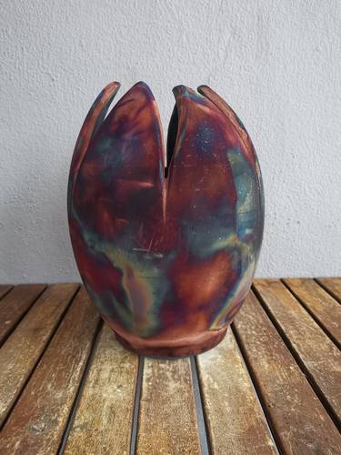 Large Flower 11 inches Raku Fired Ceramic Pottery Vase S/N0000161 thumb